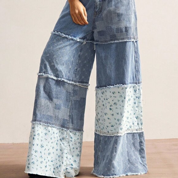 Blue Boho Casual Women's Loose Patchwork Wide Leg Jeans - Picture 5 of 7